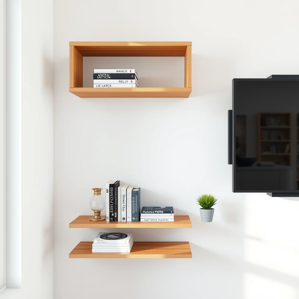 Schwebende Regale als minimalistisches Bücherregal mit wenigen Büchern und Pflanzen