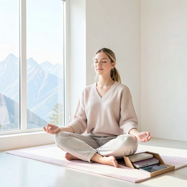 Frau meditiert in einem minimalistischen, digitalfreien Raum