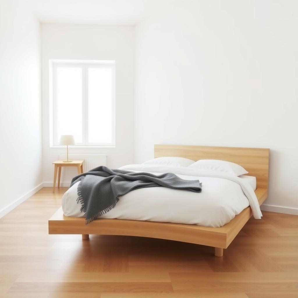 Ein minimalistisches Schlafzimmer mit einem schlichten Holzbett, weißer Bettwäsche und einem grauen Überwurf, beleuchtet durch ein großes Fenster.