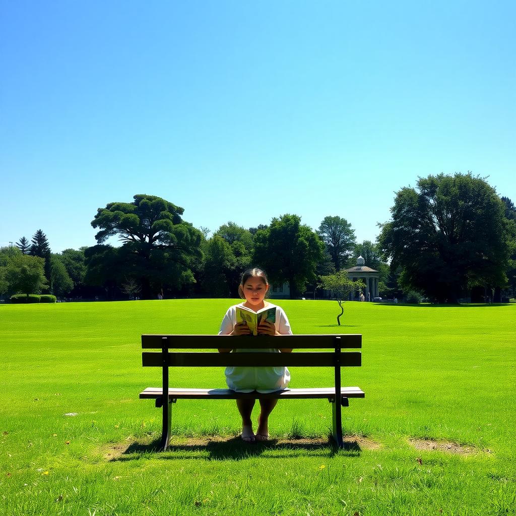 Eine Person sitzt auf einer Bank in einem grünen Park, liest ein Buch, mit klarem Himmel und vereinzelten Bäumen im Hintergrund.