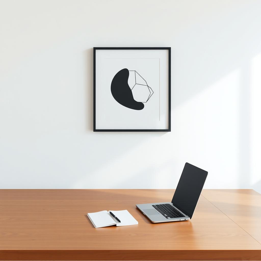 Ein minimalistischer Arbeitsplatz mit einem Holzschreibtisch, Laptop, Notizbuch und einem geometrischen Kunstwerk an der Wand.