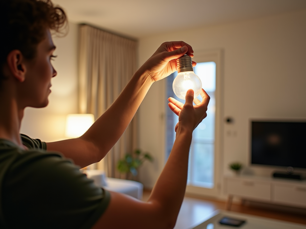 Person installiert eine LED-Lampe im Wohnzimmer