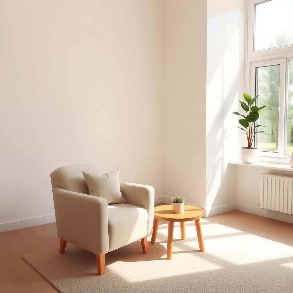 Ein minimalistisches Wohnzimmer mit einem gemütlichen Sessel, einem kleinen Holztisch und einer Topfpflanze in einer sonnigen Ecke.
