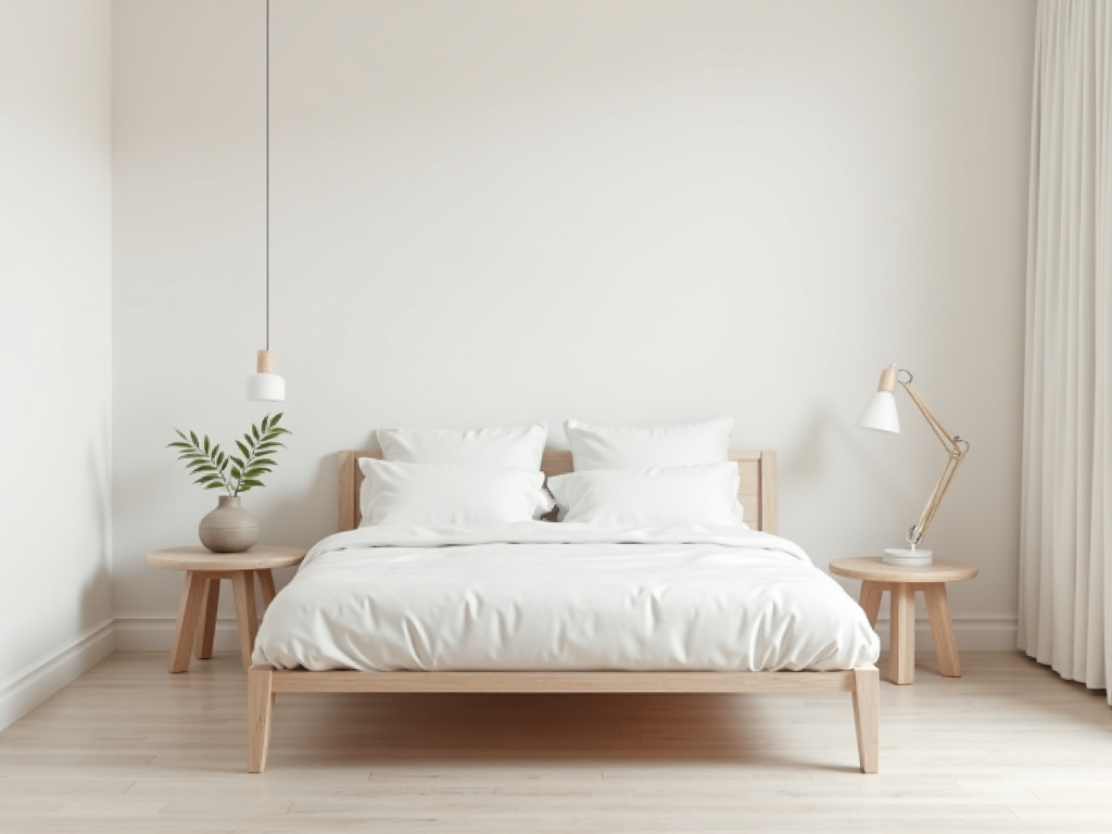 Ein minimalistisches Schlafzimmer, das Ruhe und Ordnung ausstrahlt.