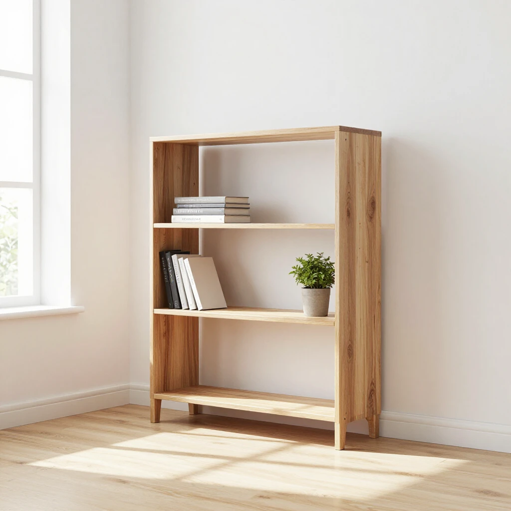 Minimalistisches Bücherregal in einem hellen, geräumigen Wohnzimmer mit weißen Wänden und natürlichem Licht