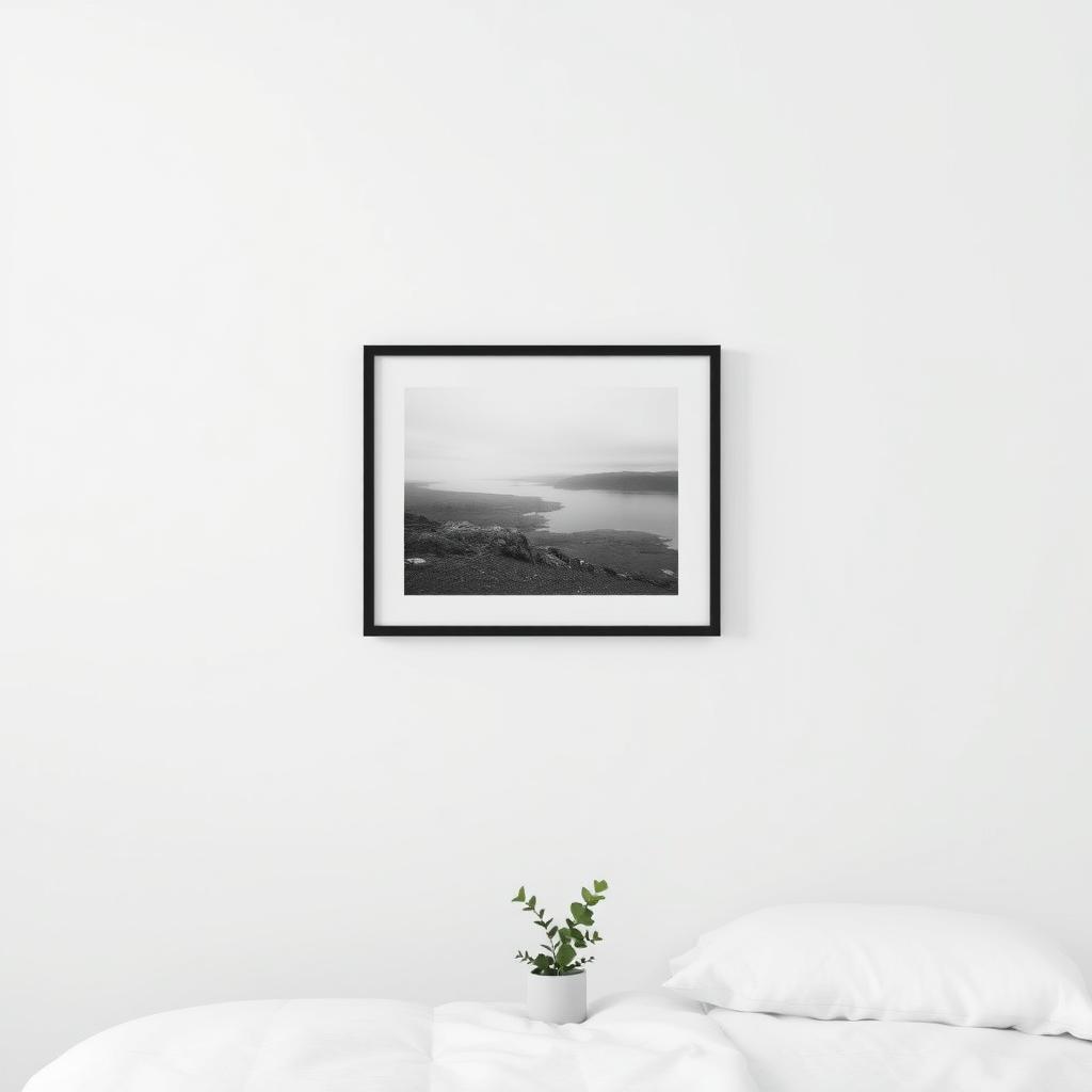 Eine minimalistische Schlafzimmerwand mit einem gerahmten Schwarz-Weiß-Foto eines Landschaftsbildes über dem Bett und einer kleinen grünen Pflanze am Boden.