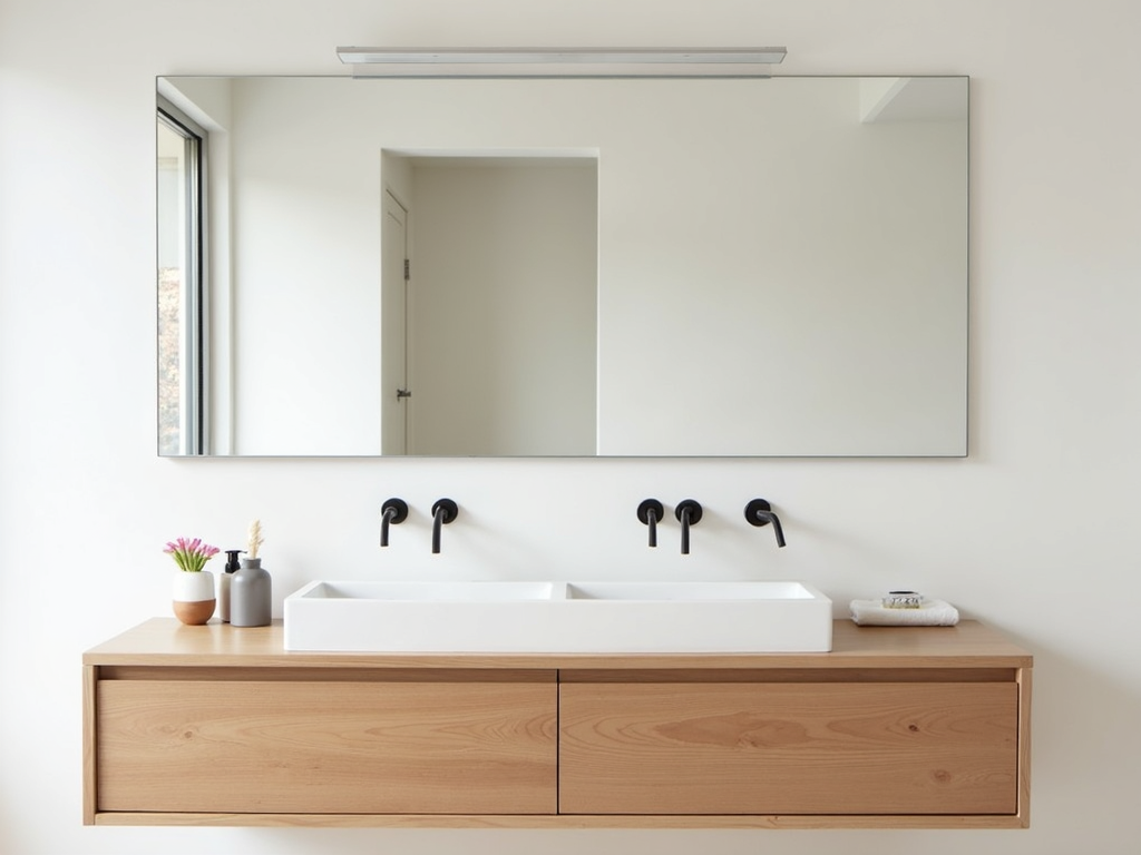 Minimalistisches Badezimmer mit Holzwaschtisch und großem Spiegel