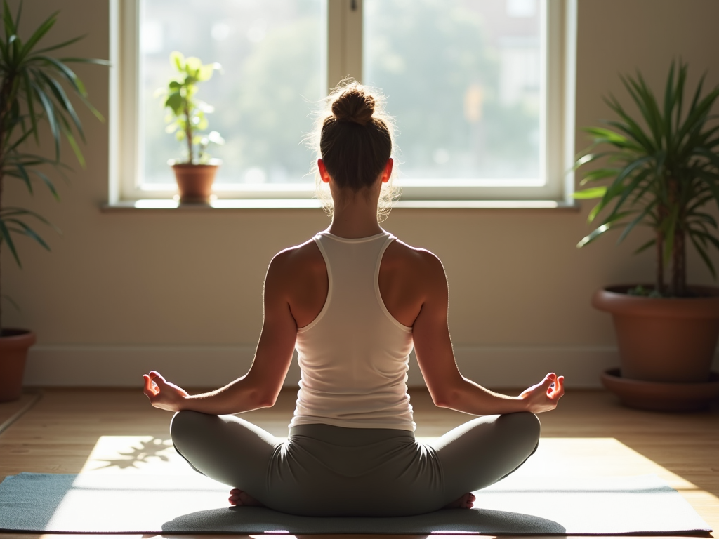 Eine Person, die in einer ruhigen Umgebung meditiert oder Yoga praktiziert