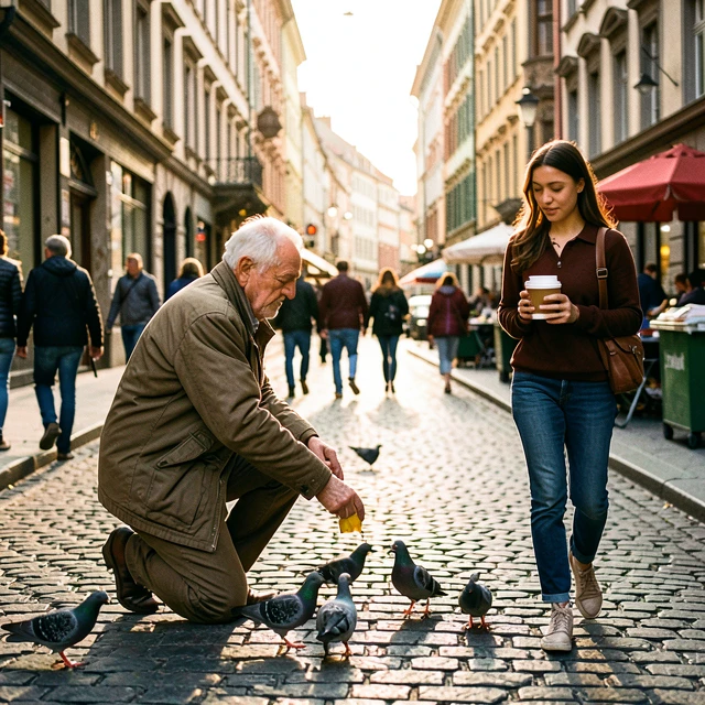 Authentische Straßenszene mit älterem Mann und Tauben in der goldenen Stunde
