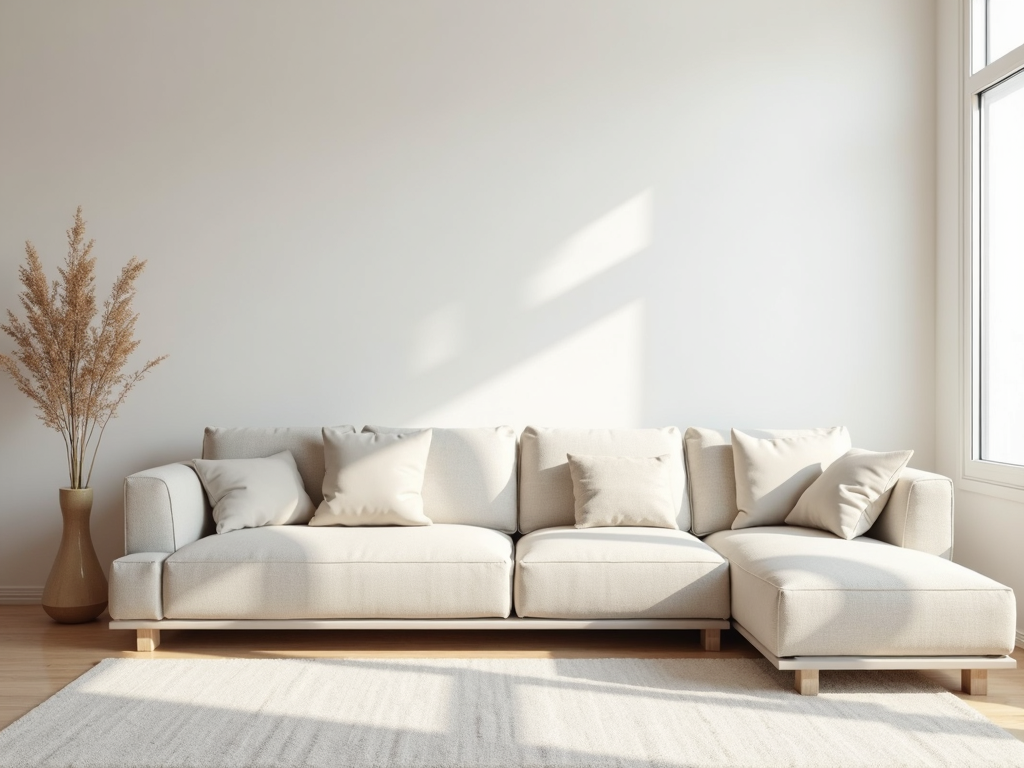 Ein minimalistisches Wohnzimmer mit klaren Linien, neutralen Farben und wenigen, sorgfältig ausgewählten Dekorationsgegenständen.