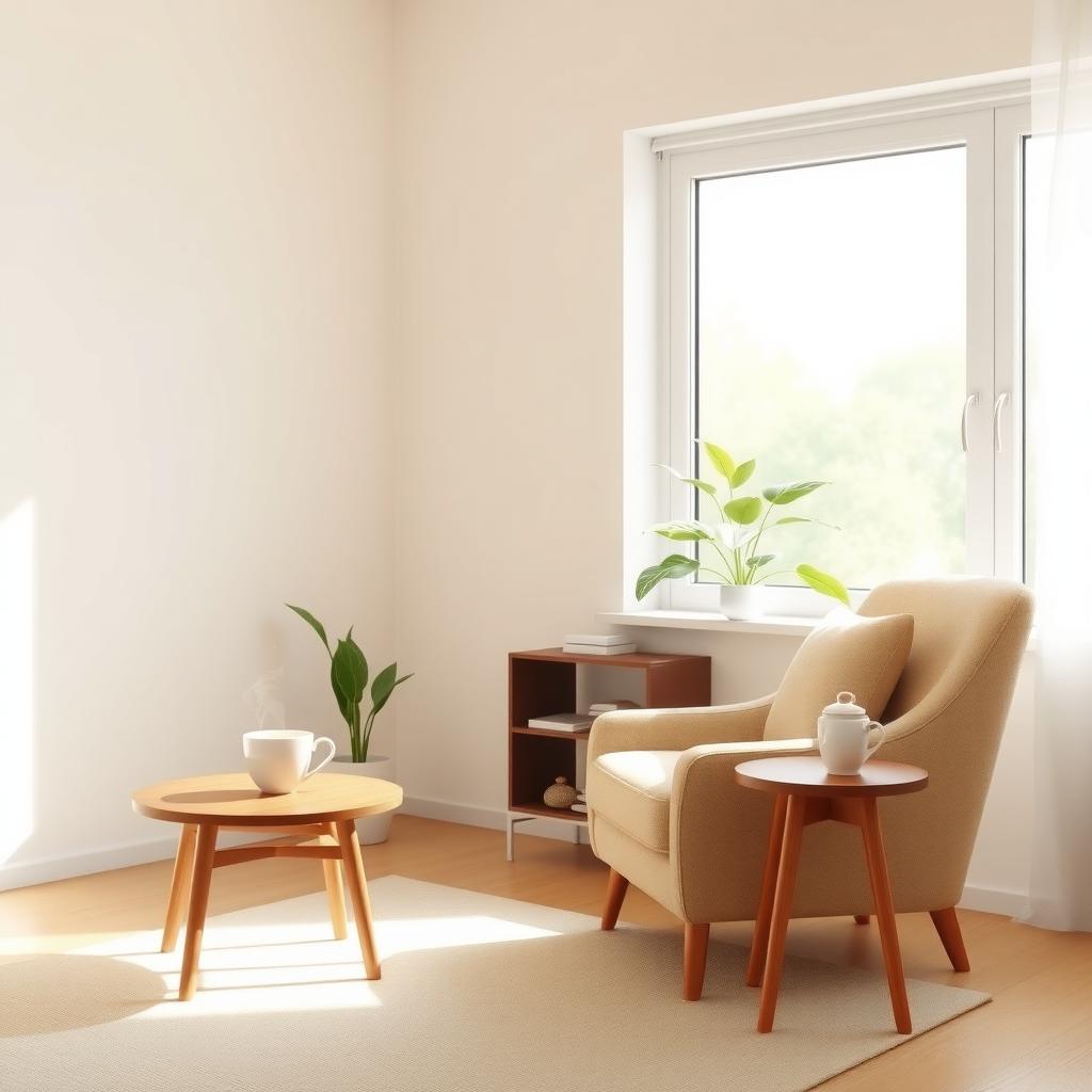 Ein minimalistischer Wohnraum mit einem Sessel, einem kleinen Holztisch und einer dampfenden Teetasse, beleuchtet von sanftem Tageslicht.