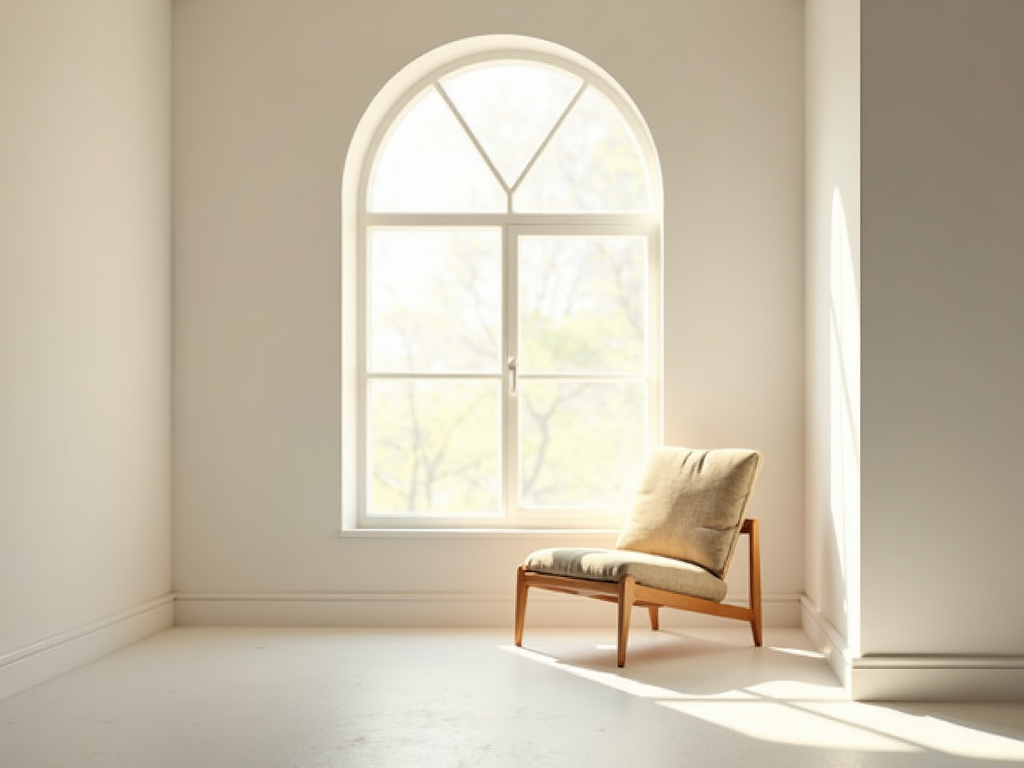Minimalistisches Interieur mit einem einzelnen Stuhl am Fenster, beleuchtet von sanftem Morgenlicht
