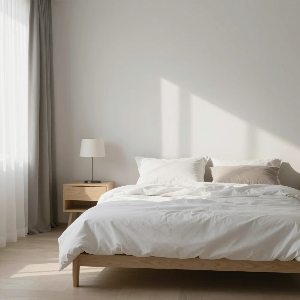 Ein ruhiges, minimalistisches Schlafzimmer mit Bett, Nachttisch, Lampe und natürlichem Licht, ohne Unordnung