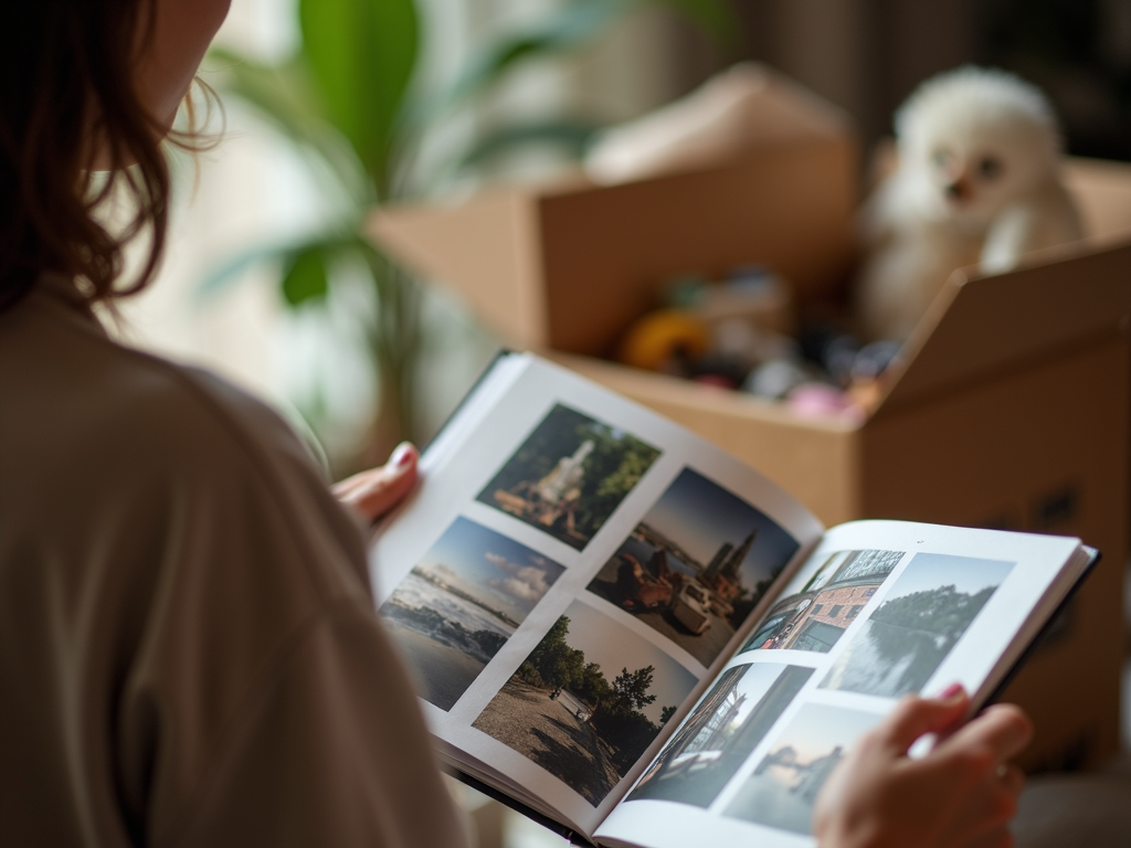 Eine Person hält ein Fotoalbum und blickt nostalgisch, mit einer Kiste von zu spendenden Gegenständen im Hintergrund.