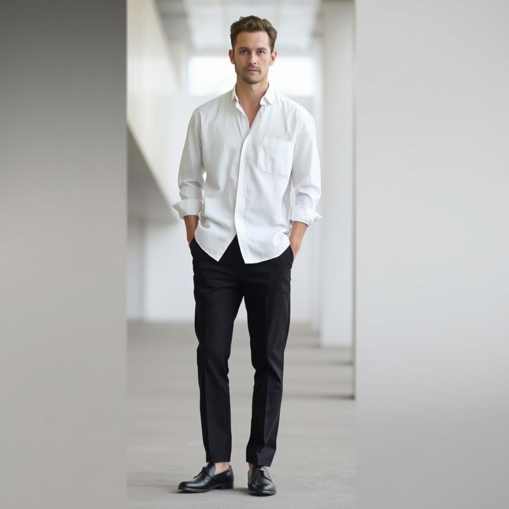 Eine Person in einem minimalistischen Outfit aus weißem Leinenhemd, schwarzer Hose und schlichten Lederschuhen in einer modernen Stadtumgebung.
