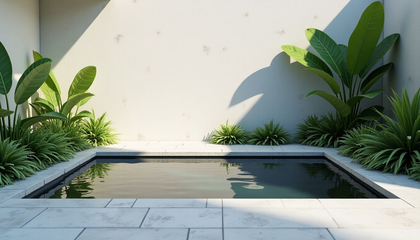 Ein kleiner Wassergarten in einem minimalistischen Garten mit klaren Linien und reflektierenden Oberflächen.