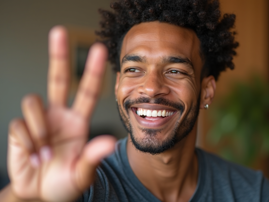 Eine Person, die selbstbewusst und freundlich Nein sagt, mit einem Lächeln im Gesicht.