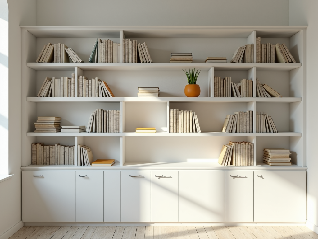Ein wunderschön gestaltetes minimalistisches Bücherregal in einem hellen Raum.