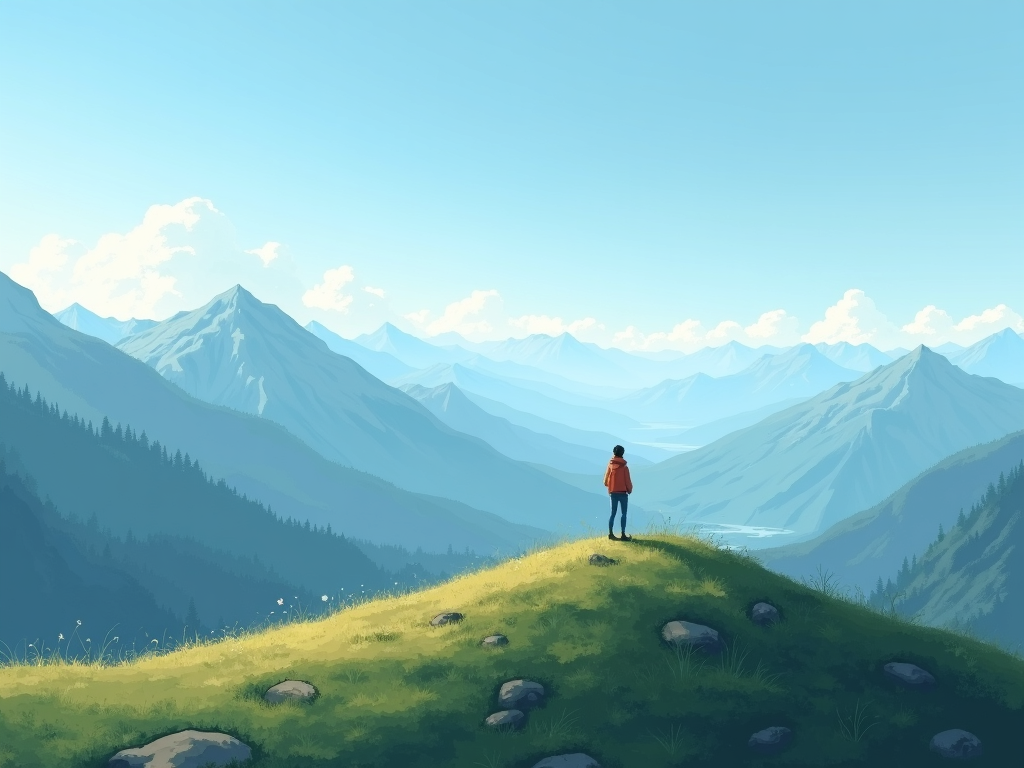 Eine ruhige Berglandschaft mit klarem blauem Himmel und einer Person, die auf einem Hügel steht und die Aussicht betrachtet.