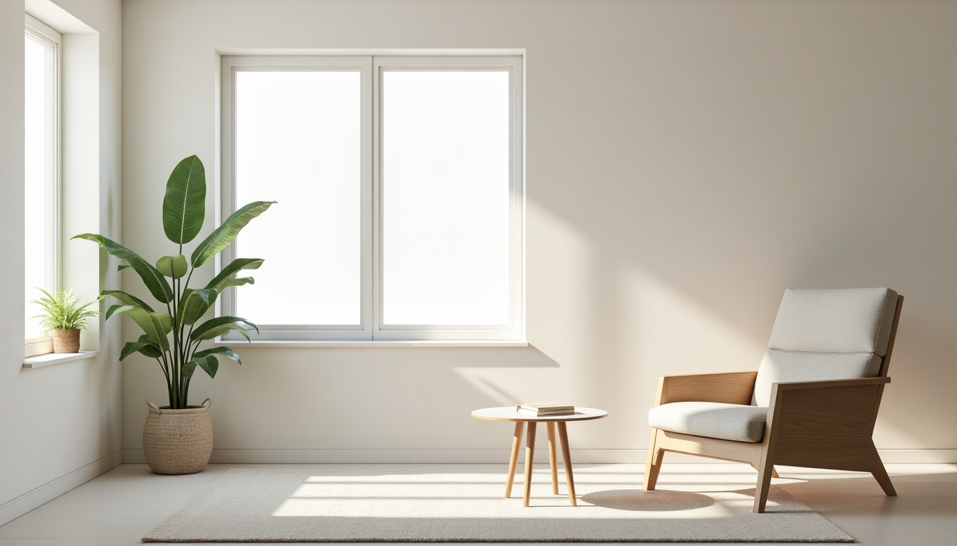 Ein minimalistisches Wohnzimmer mit einem bequemen Sofa, einem kleinen Couchtisch und einem großen Fenster, das natürliches Licht hereinlässt.