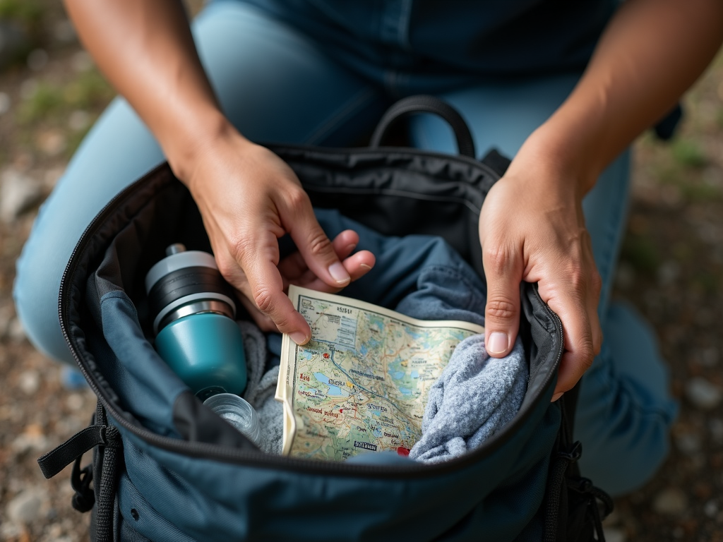 Nahaufnahme der Hände eines Reisenden, der einen kleinen, ordentlich gepackten Rucksack mit wichtigen Dingen wie einer Wasserflasche, einer Karte und einigen Kleidungsstücken organisiert.