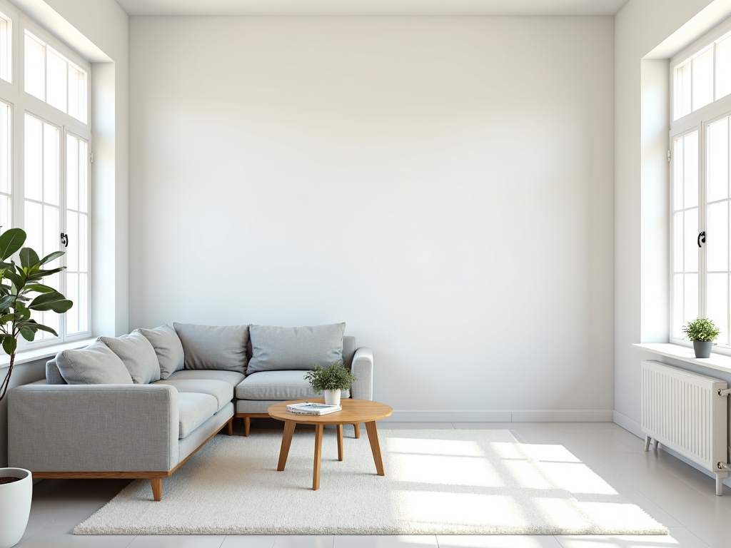 Ein minimalistisches Wohnzimmer mit weißen Wänden, einem grauen Sofa, einem Holztisch und einer einzelnen Topfpflanze.