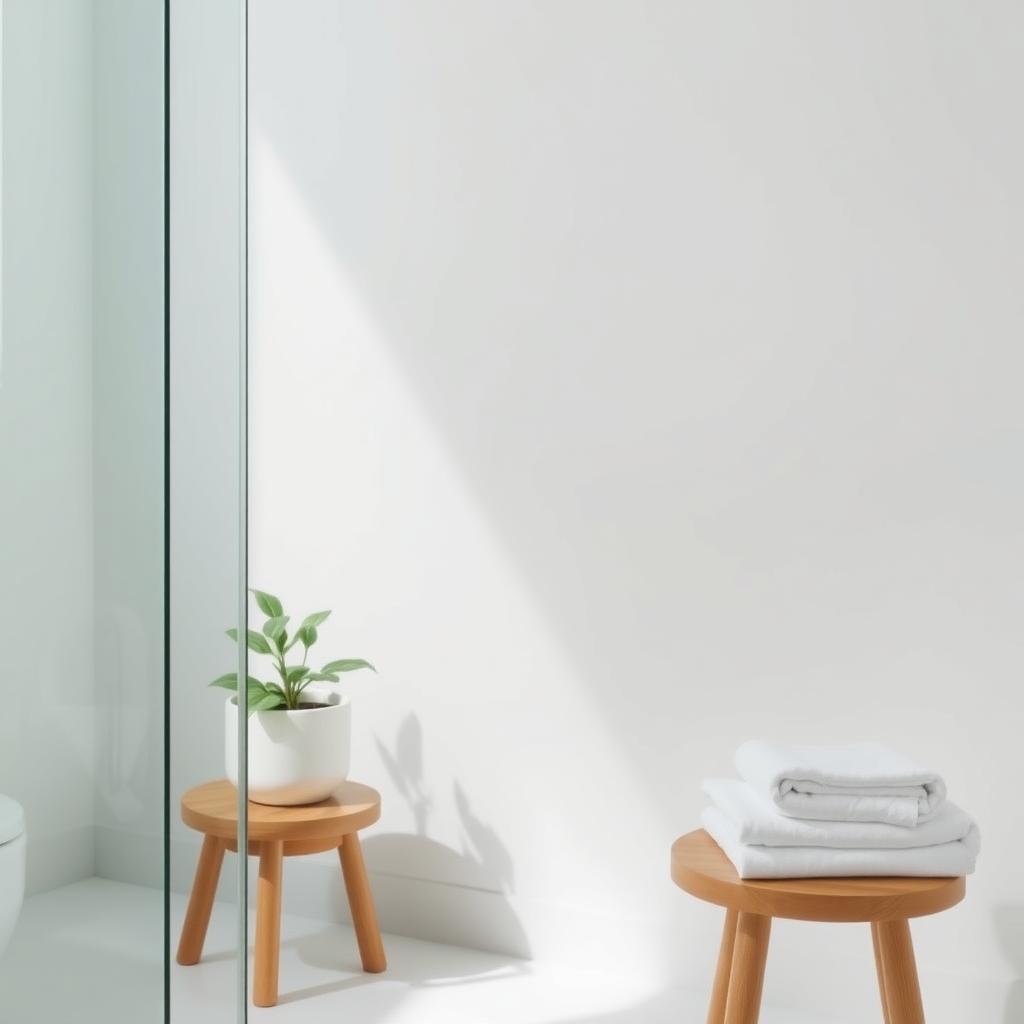 Eine minimalistische Badezimmerecke mit einer Glasdusche, einer grünen Pflanze in einem weißen Keramiktopf und einem Stapel gefalteter weißer Handtücher auf einem Holzhocker.