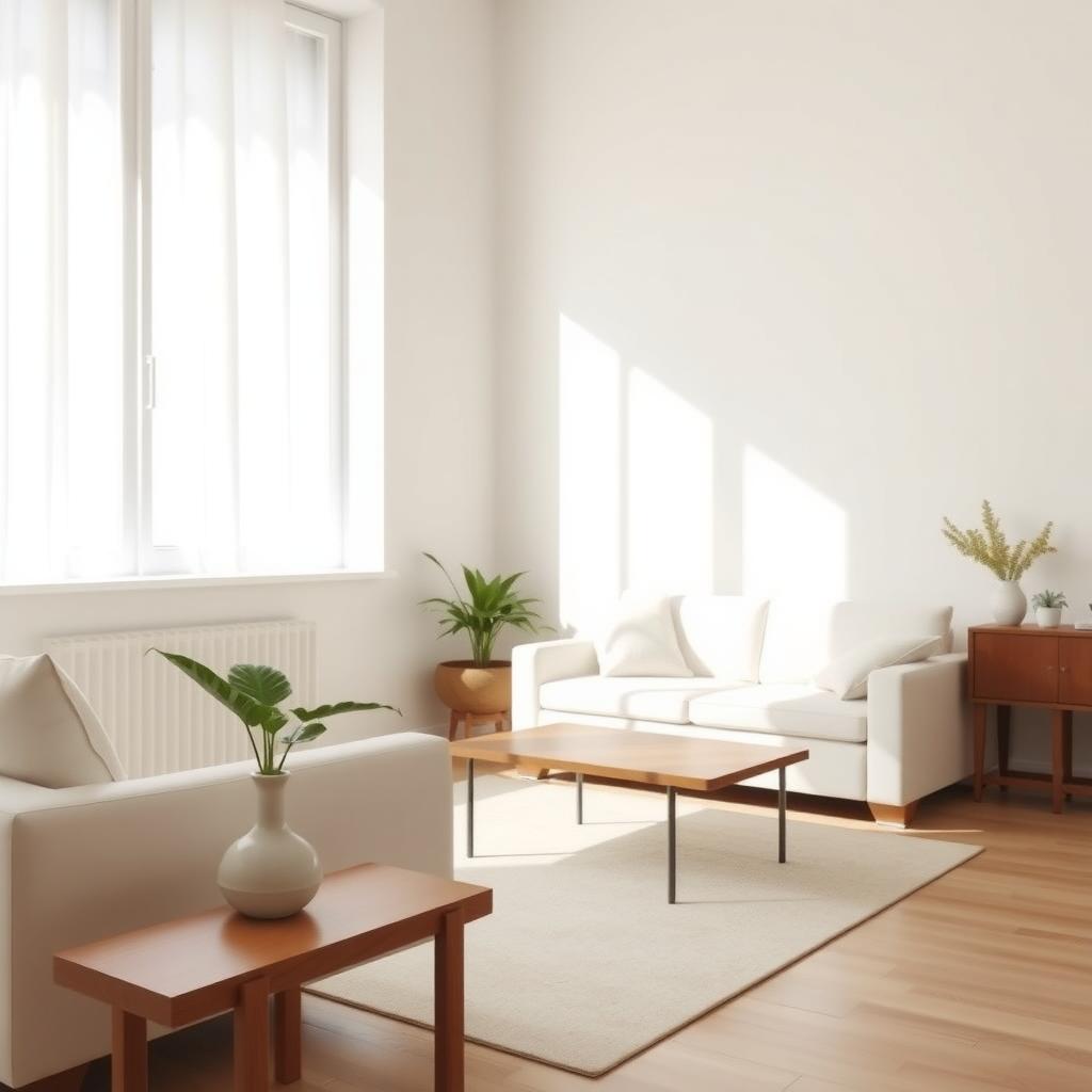 Gemütliches minimalistisches Wohnzimmer mit weißem Sofa, Holztisch und einer Topfpflanze in einer Keramikvase, beleuchtet durch sanftes Tageslicht.