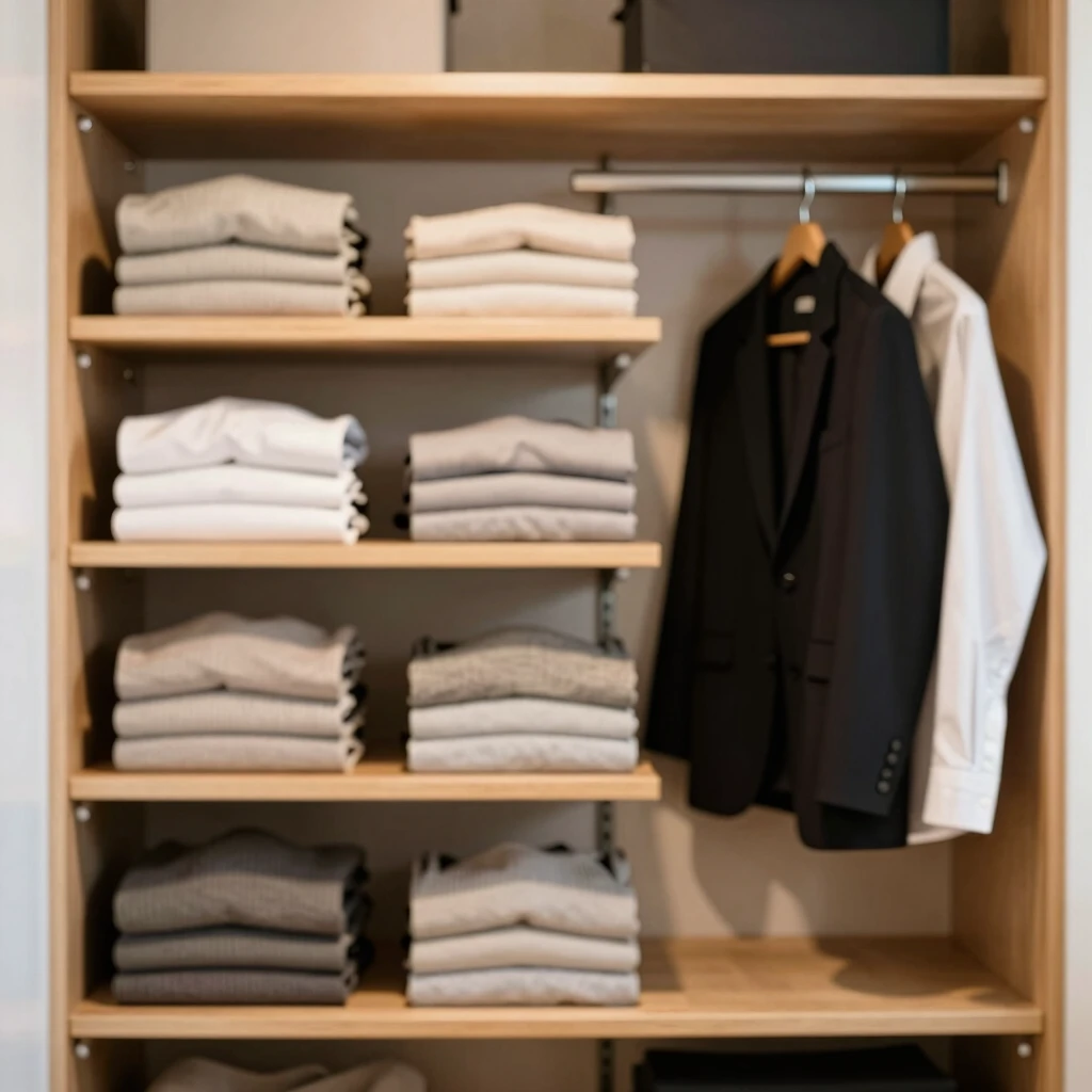 Offener minimalistischer Kleiderschrank mit neutralen Farben