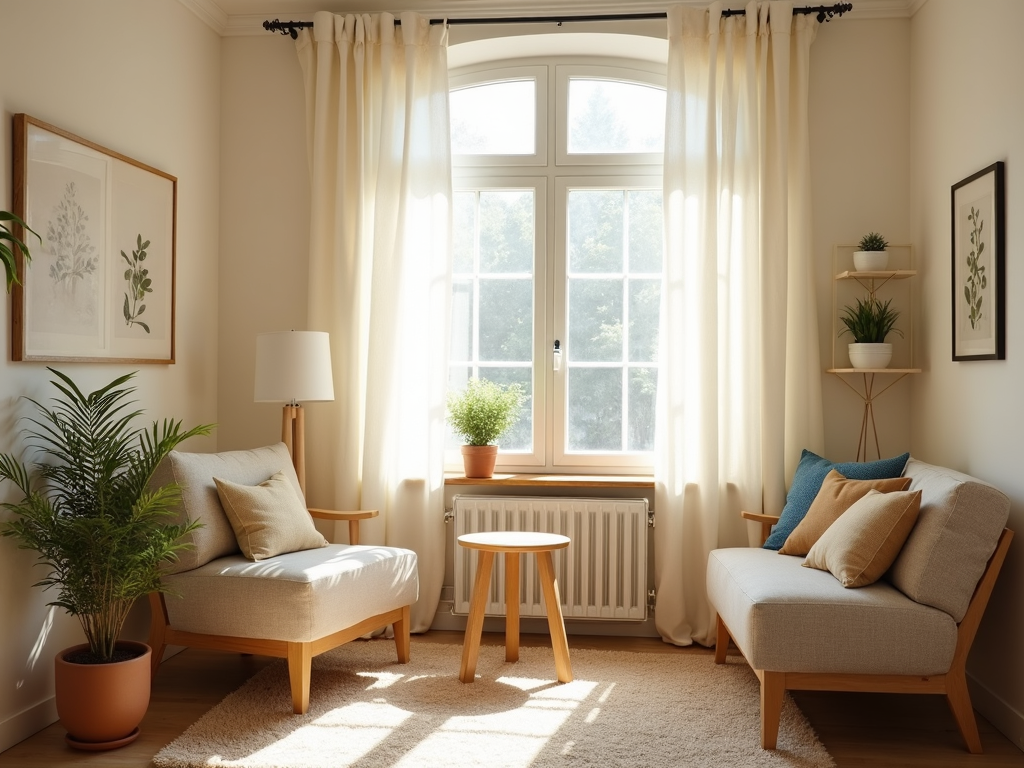Ein gemütliches, minimalistisches Wohnzimmer mit einem Sofa, einem kleinen Tisch und einer einzelnen Pflanze in der Ecke, erleuchtet von natürlichem Licht.