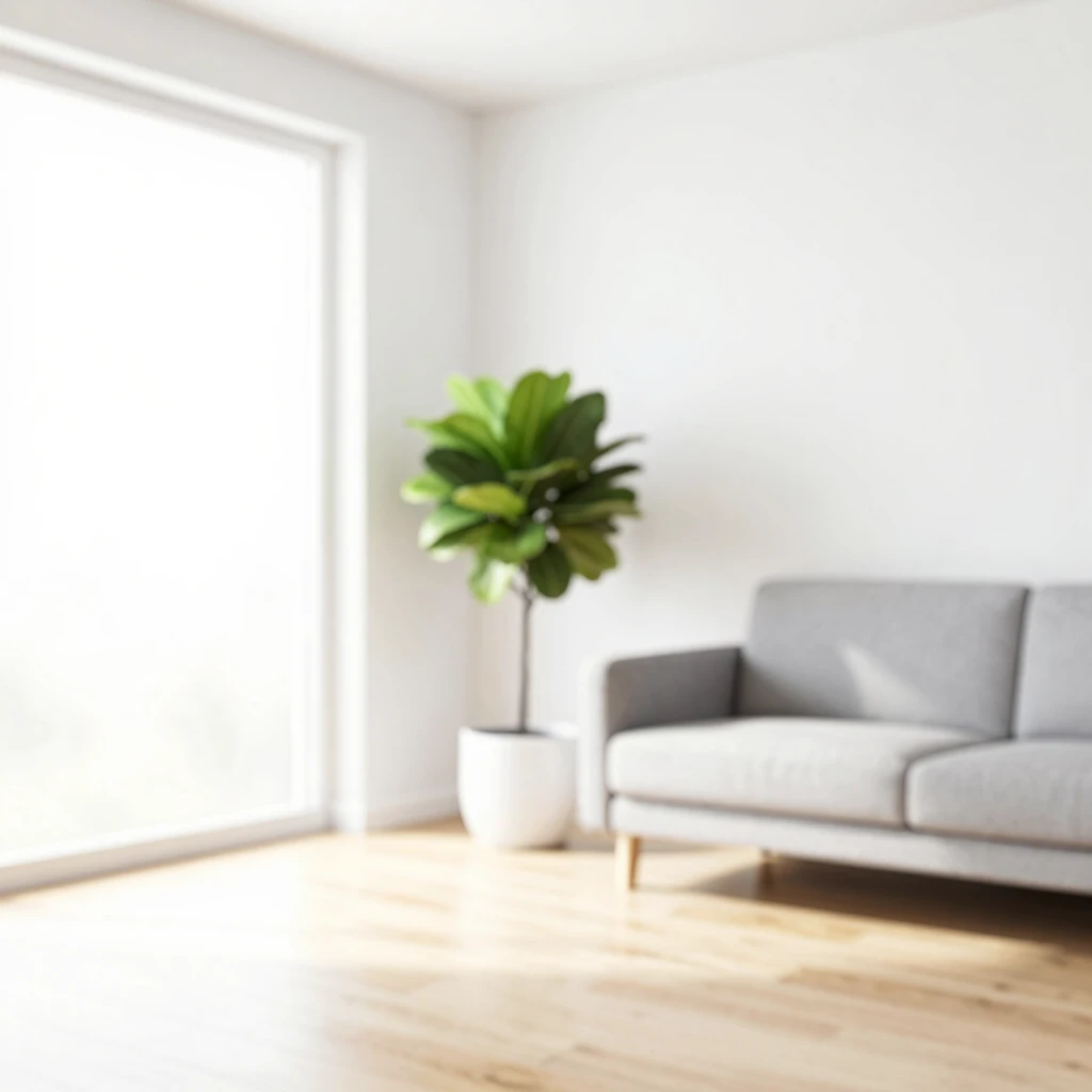 Helles minimalistisches Wohnzimmer mit weißen Wänden, Holzfußboden, einfachem Sofa und einer großen Pflanze