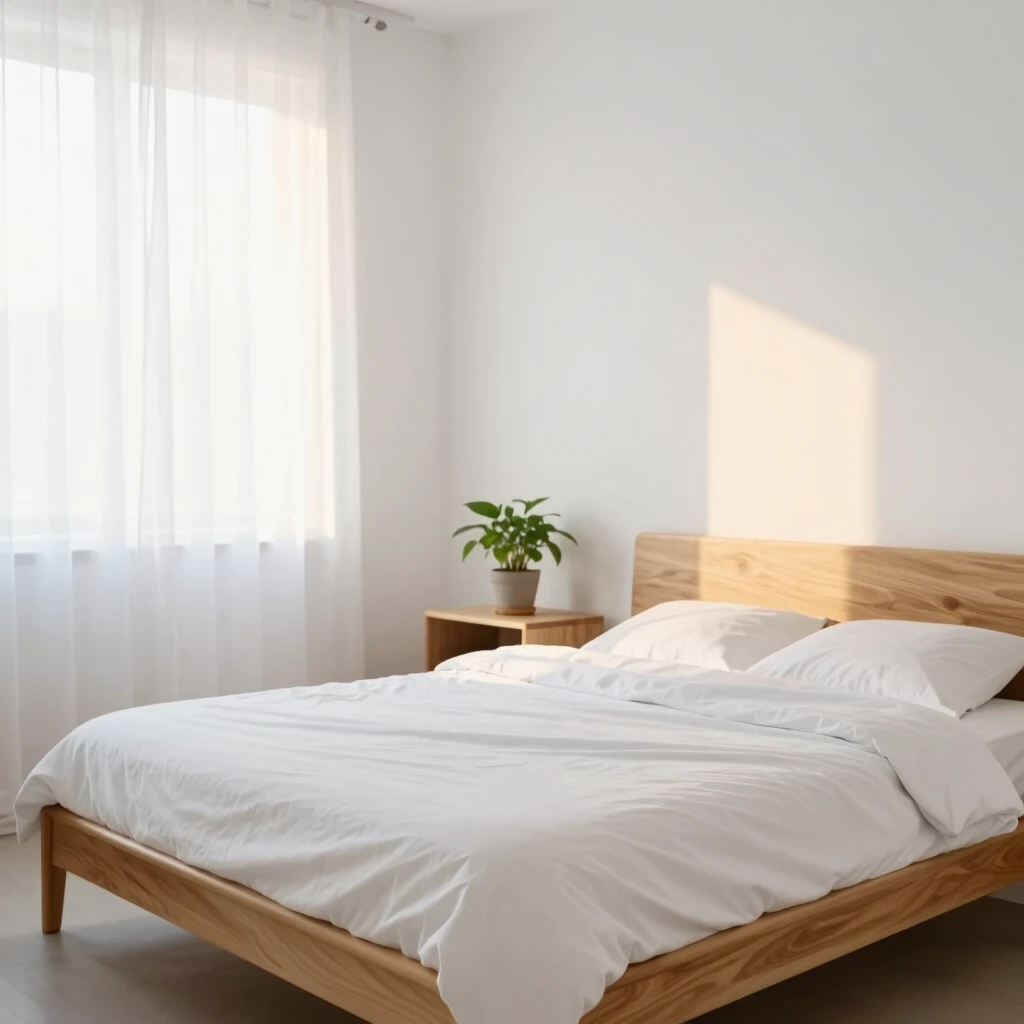 Ein minimalistisches Schlafzimmer bei Sonnenaufgang, das Ruhe und Einfachheit vermittelt