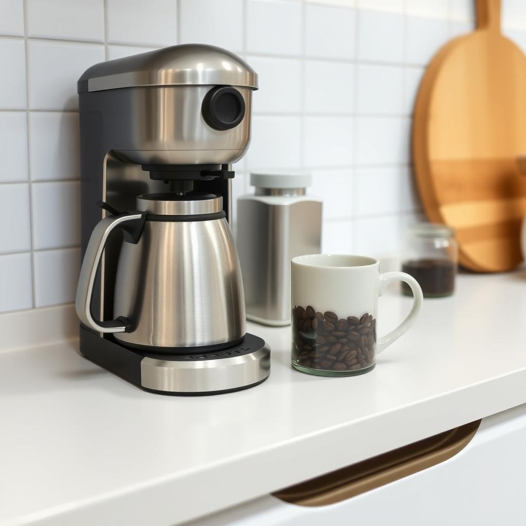 Ein aufgeräumter, minimalistischer Küchentresen mit einer Kaffeemaschine, einer Keramiktasse und einem kleinen Glas mit Kaffeebohnen vor einer weißen Fliesenwand.