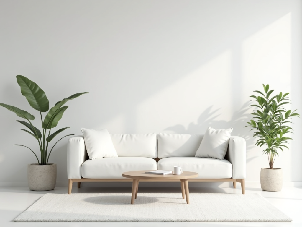 Minimalistisches Wohnzimmer mit weißem Sofa und einfachem Couchtisch.