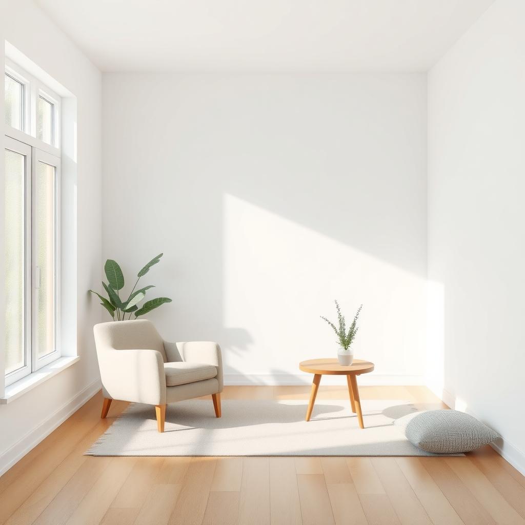 Ein minimalistisches Wohnzimmer mit wenigen Möbeln und viel Licht