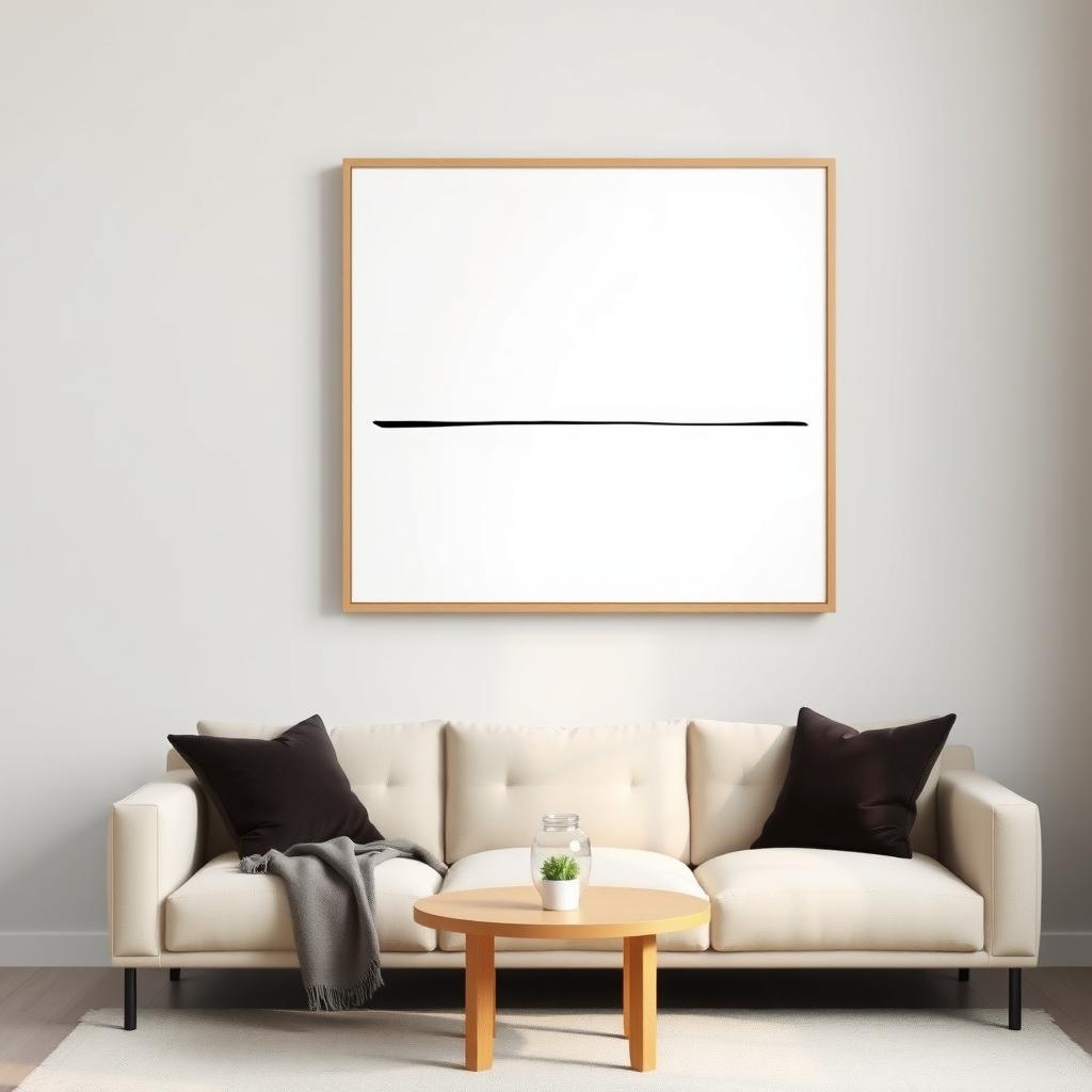 Minimalistisches Wandbild mit einer schwarzen Linie auf weißem Hintergrund, gerahmt in Holz, an einer hellgrauen Wand in einem modernen Wohnzimmer.