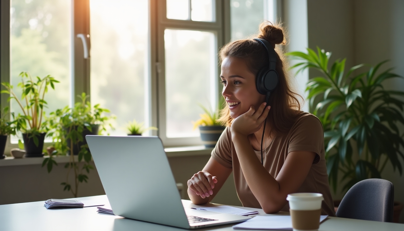 Podcast host discussing content ideas in a minimalist setting, with soft natural lighting and plain walls.