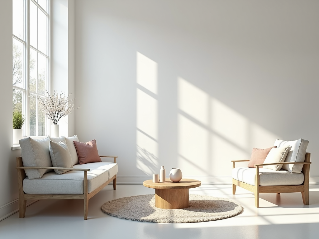 Ein ruhiges, minimalistisches Wohnzimmer mit weißen Wänden und natürlichem Licht