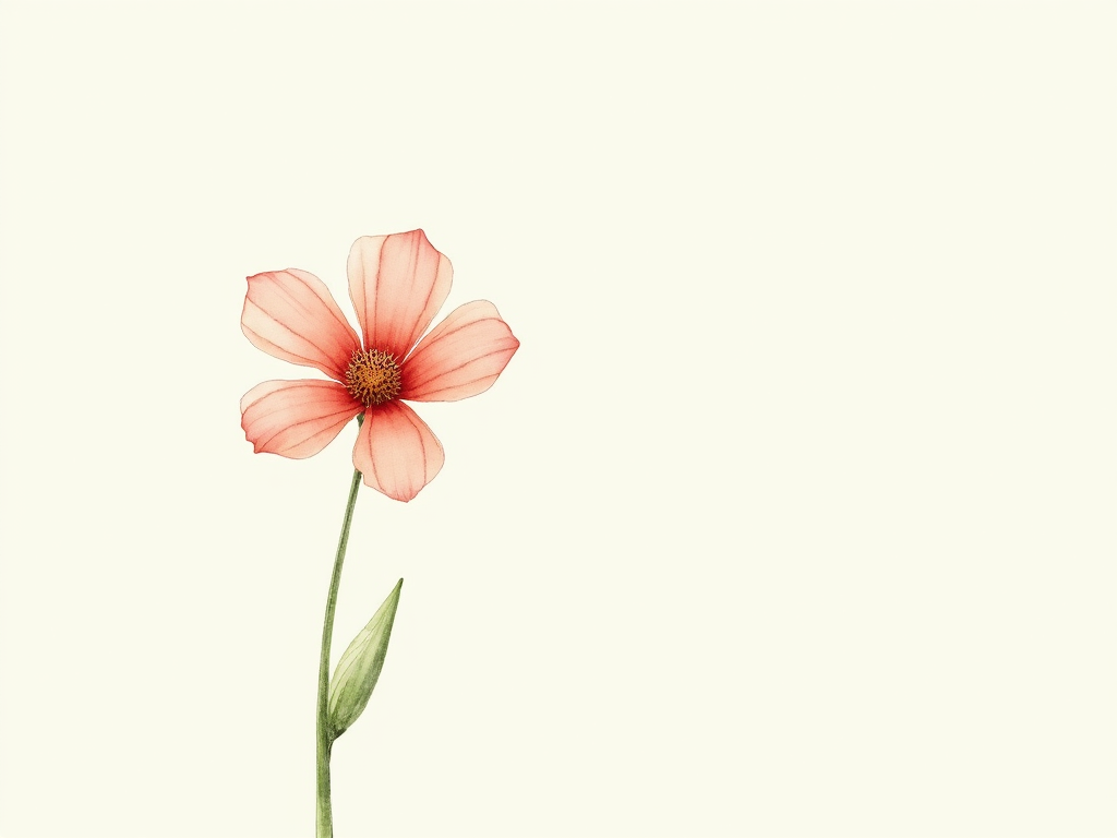 Aquarellgemälde einer einzelnen Blume mit weichen Blütenblättern vor hellem Hintergrund, das negativen Raum für eine zarte und luftige Wirkung nutzt.