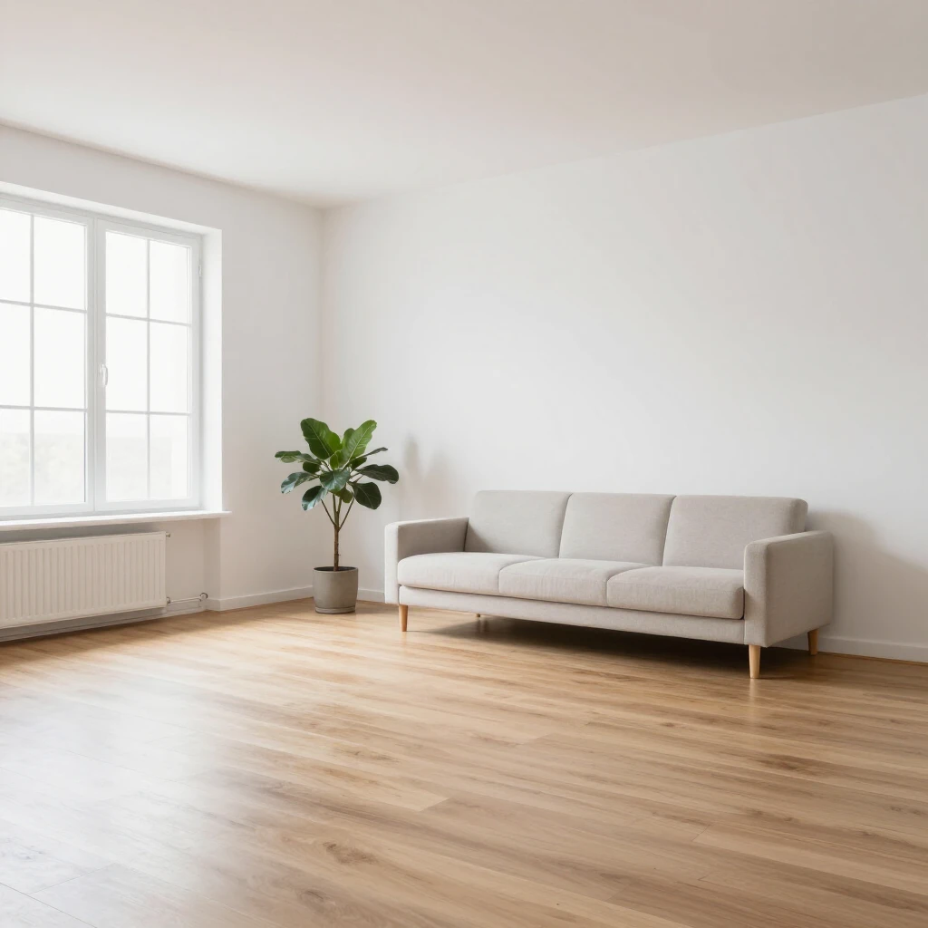 Ein helles, minimalistisches Wohnzimmer mit weißen Wänden, Holzboden, einfachem Sofa und einer Pflanze