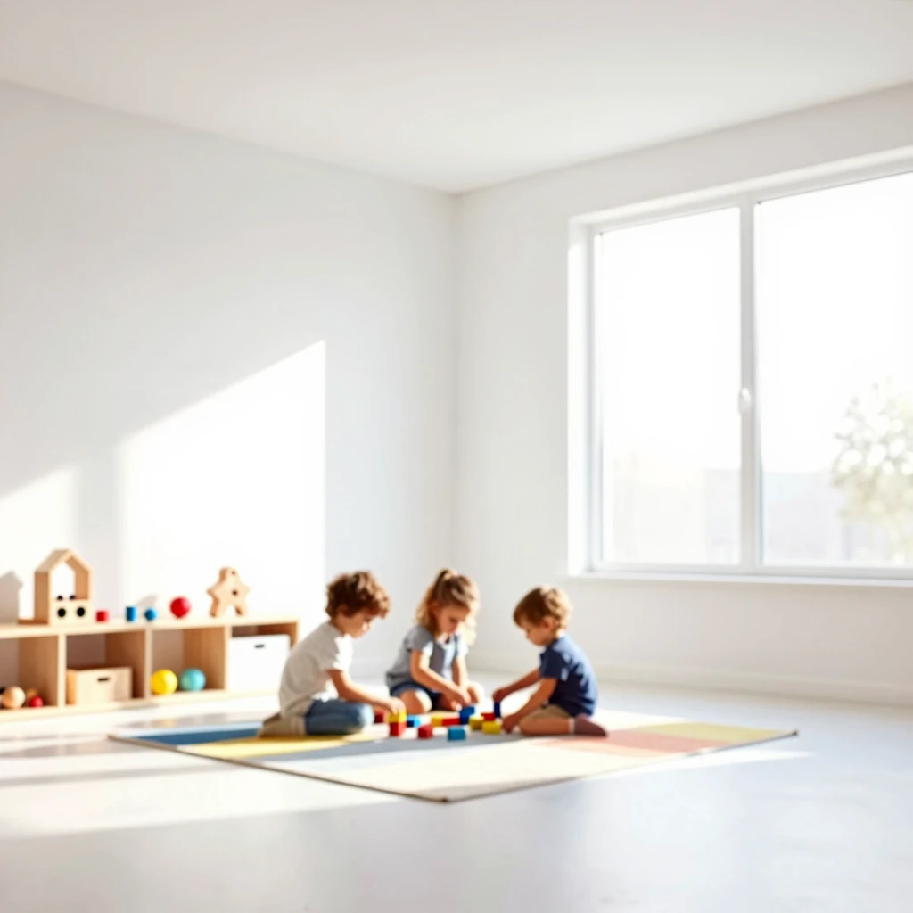 Ruhiges, minimalistisches Spielzimmer mit spielenden Kindern