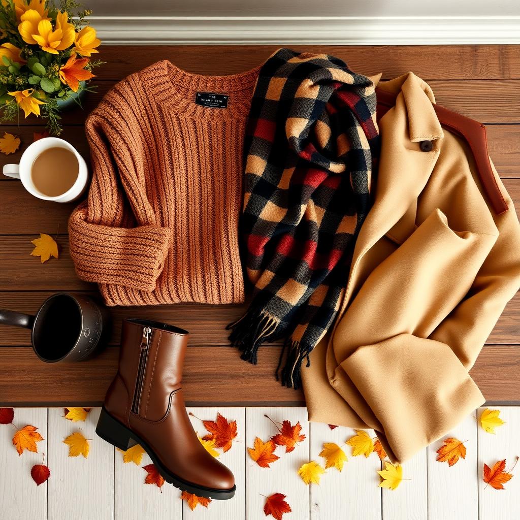 Ein gemütliches Herbst-Capsule-Wardrobe-Setup mit einem Holztisch, auf dem ein Wollpullover, ein karierter Schal, braune Lederstiefel und ein beiger Mantel liegen, umgeben von Herbstblättern und einer Tasse Kaffee.