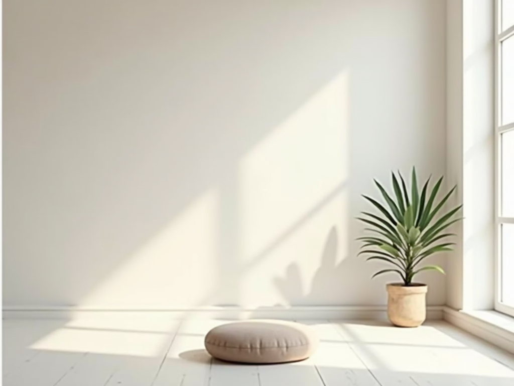Ein minimalistischer Meditationsraum mit einem einzelnen Kissen.