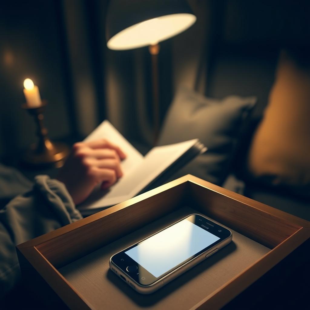 Eine gemütliche Abendstimmung mit einer Person, die bei sanftem Lampenlicht ein Buch liest, während das ausgeschaltete Smartphone in einer Schublade liegt.