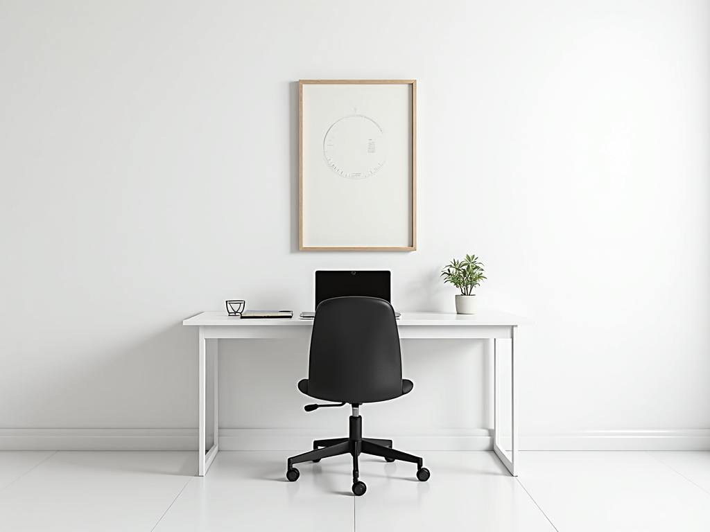 Ein minimalistisches Homeoffice mit einem weißen Schreibtisch, einem schwarzen Stuhl und einem einzelnen abstrakten Kunstwerk an der Wand. Auf dem Schreibtisch befinden sich ein Laptop, ein Notizbuch und ein Stift, mit einer kleinen Pflanze in der Ecke.