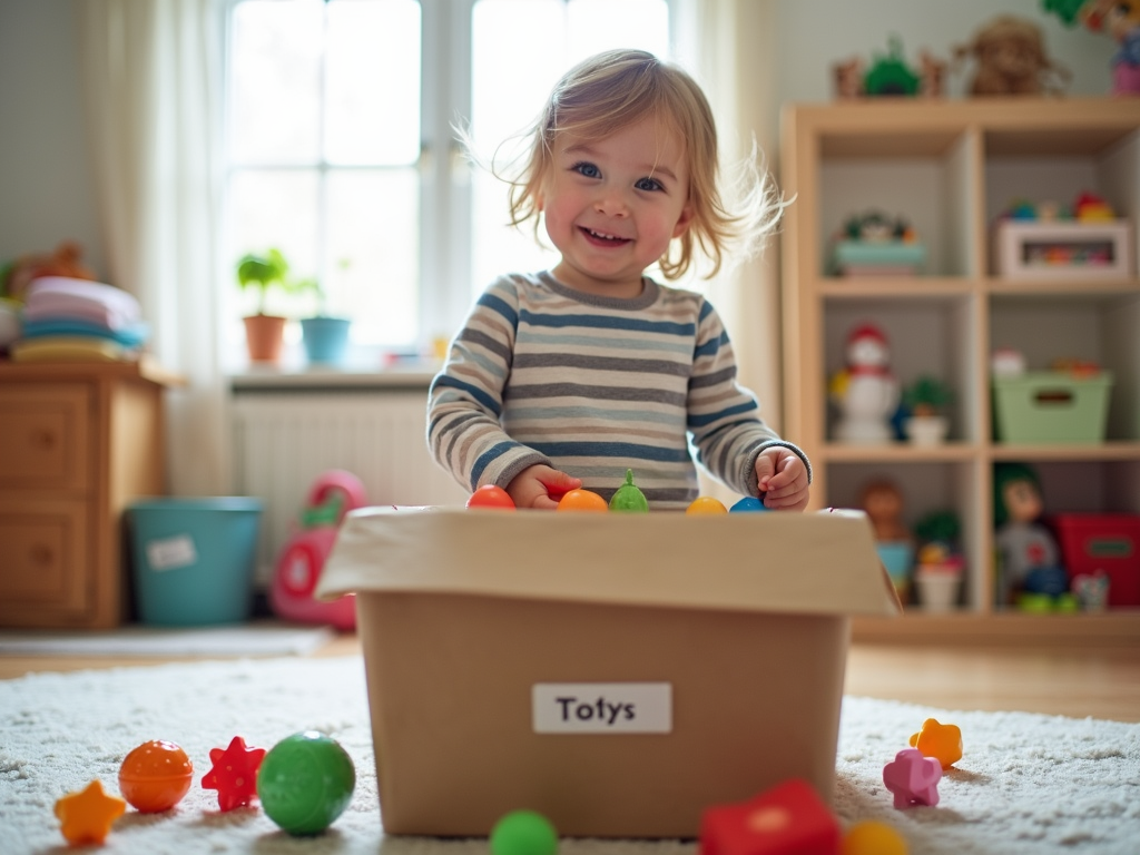 Kind räumt Spielzeug auf