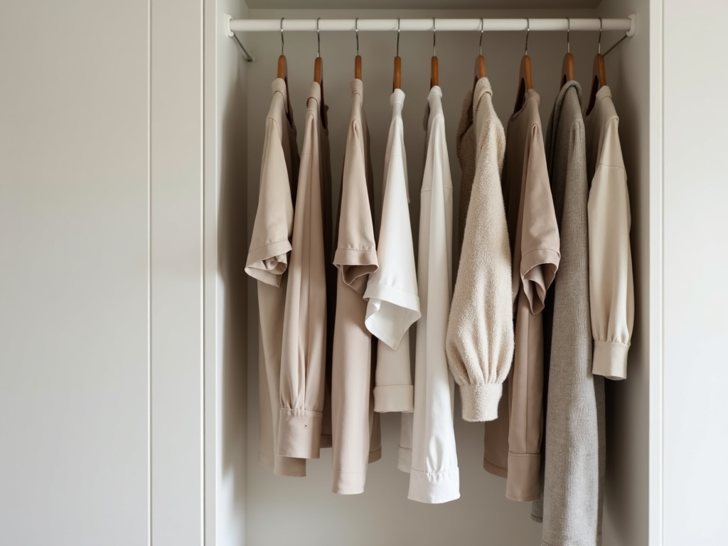 Minimalistischer Kleiderschrank mit wenigen, ordentlich aufgehängten Kleidungsstücken