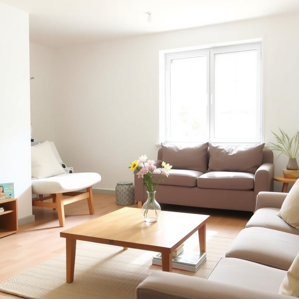 Gemütliches, minimalistisches Wohnzimmer mit einem kleinen Holztisch, einer Vase mit frischen Blumen, einem bequemen Sofa und ordentlich arrangierten Kinderbüchern auf einem niedrigen Regal.
