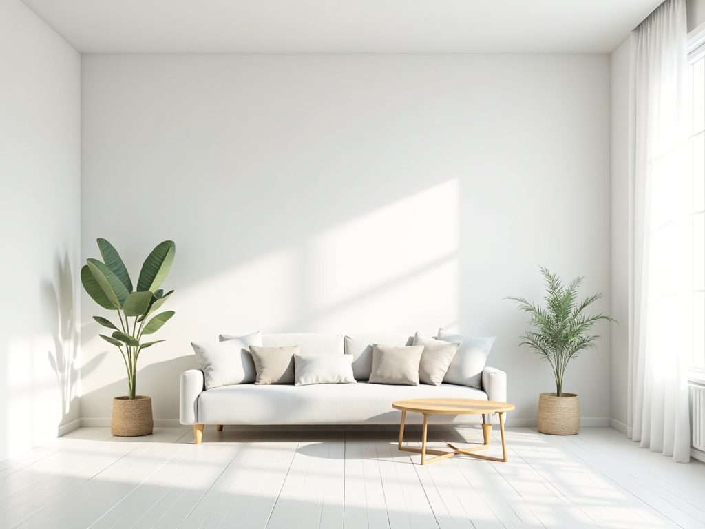 Ein minimalistisches Wohnzimmer mit klaren Linien und wenigen Dekorationen, das Ruhe und Gelassenheit ausstrahlt.
