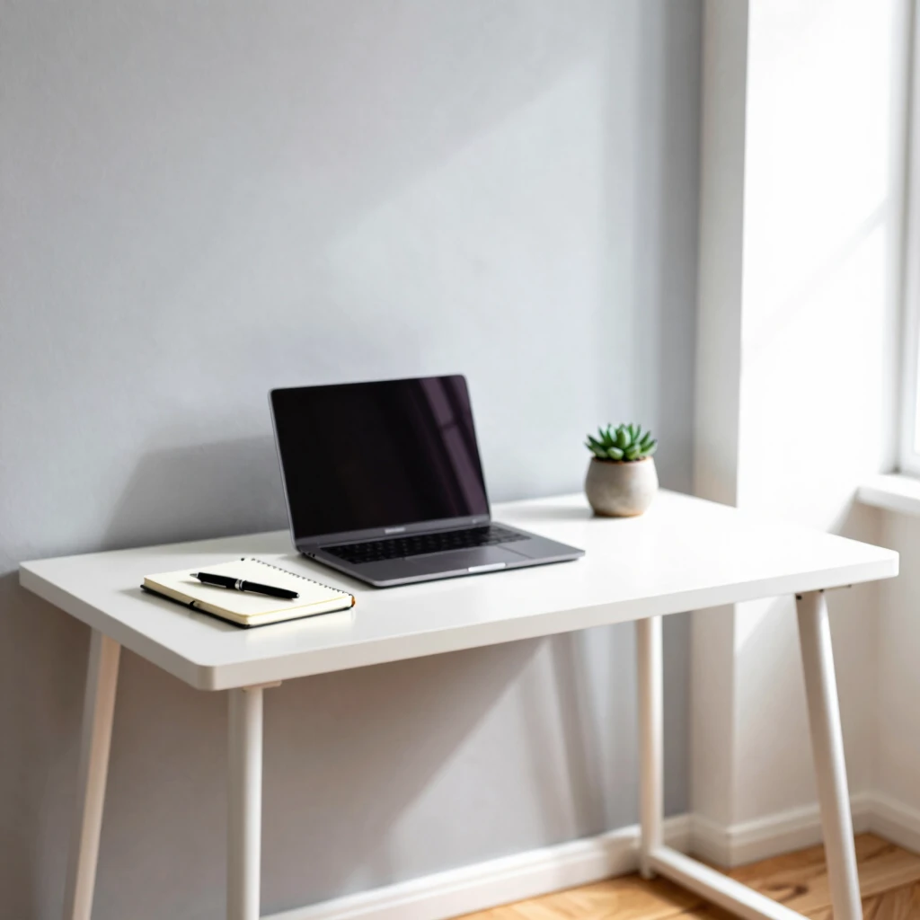 Ruhiger minimalistischer Home-Office mit Laptop, Notizbuch und Pflanze